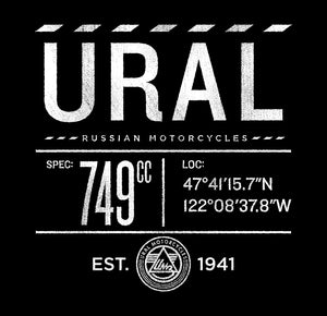 Top: Ural Russian Motorcycles, within a broken line boarder. Beneath that, 749cc, longitude and latitude in the style of blue print specs. At the bottom, the Ural IMZ badge and the text: Established 1941.